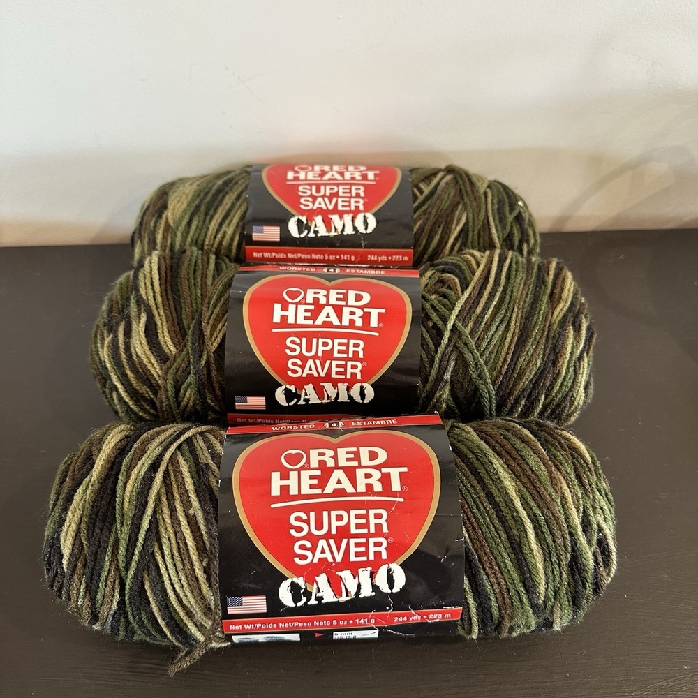 Red Heart Super Saver Yarn Camouflage Green 3 Skein 100% Acrylic 2 Lots